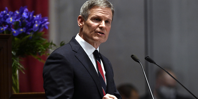 Tennessee Gov.  Bill Lee, shown here in January delivering his de él delivering his State of the State address in Nashville.