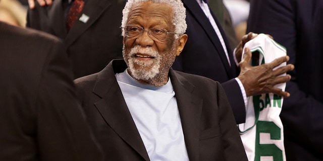 Bill Russell is honored at halftime of the game between the Boston Celtics and the Miami Heat at TD Garden in Boston, Massachusetts, op April 13, 2016. 
