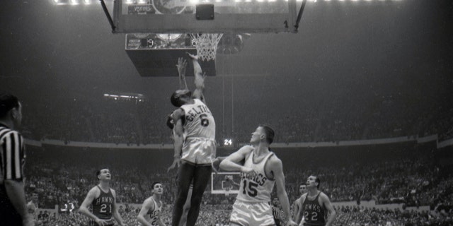 NBA Legend And Trailblazer Bill Russell Dead At 88 4 Boston Celtics Bill Russell (6) rebounds vs. the St. Louis Hawks at Boston Garden in Boston, Massachusetts.