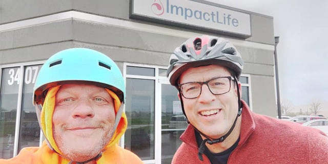 Barnes went to Burlington, Iowa, on May 6, and met with folks from the blood donation center ImpactLife. In this image, Barnes posed with Kirby Winn, public relations manager at ImpactLife.