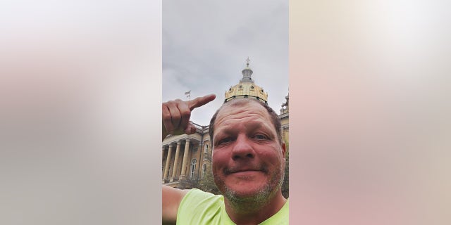 Bob Barnes, 52, of Syracuse, New York, is cycling to all 50 state capitals in one year. He recently arrived at his 40th capital city, Des Moines, Iowa. 