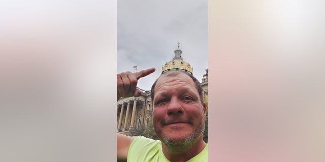 Bob Barnes, 52, of Syracuse, New York, is cycling to all 50 state capitals in one year. He recently arrived at his 40th capital city, Des Moines, Iowa.