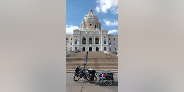 Bob Barnes snapped this photo of his bicycle and gear in front of the Minnesota capitol building in St Paul.