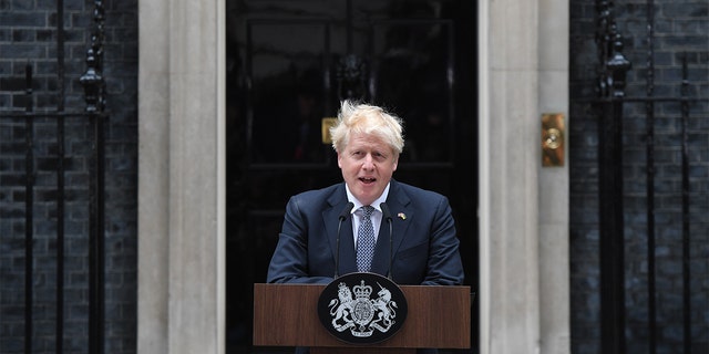 Boris Johnson makes a resignation speech outside No. 10 Downing St., in London, Thursday, July 7, 2022.