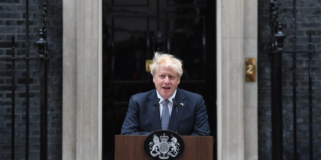 UK Prime Minister Boris Johnson makes a resignation speech outside 10 Downing Street in London, Thursday, July 7, 2022.