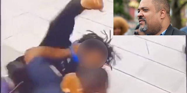 A photo combination of Alvin Bragg and a screenshot of video showing a teen viciously assault a cop.