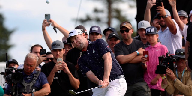 Branden Grace makes a chip shot for birdie on the 16th hole during the third round of the Portland Invitational LIV Golf tournament in North Plains, Ore., Saturday, July 2, 2022.