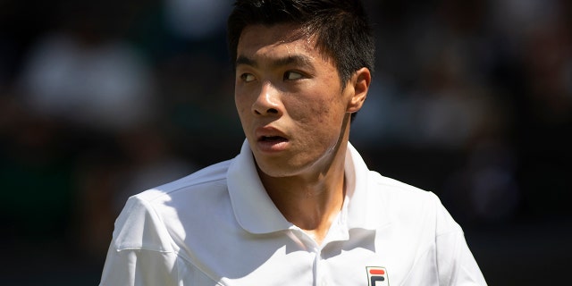 Brandon Nakashima of United States of America during his match against Nick Kyrgios of Australia in their Men's Singles Fourth Round match on day eight of The Championships Wimbledon 2022 at All England Lawn Tennis and Croquet Club on July 04, 2022 in London, England.