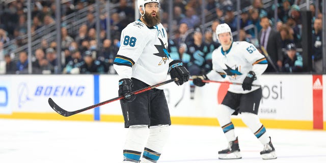 Brent Burns #88 of the San Jose Sharks reacts against the Seattle Kraken during the second period at Climate Pledge Arena on April 29, 2022 in Seattle, Washington. 