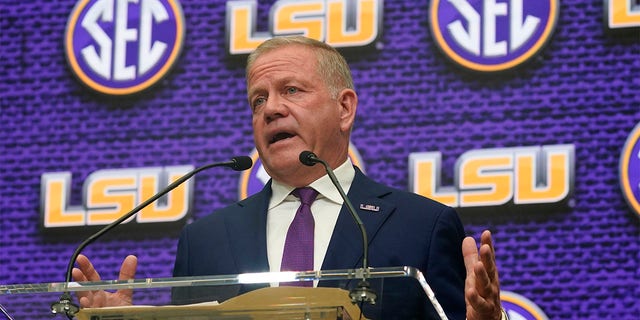 LSU coach Brian Kelly speaks during an NCAA college football news conference at the SEC Media Days, Monday, July 18, 2022, in Atlanta. 