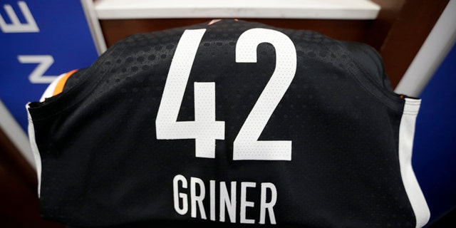 An All Star jersey dedicated to Brittney Griner, #42 of the Phoenix Mercury, is displayed in the locker room during the 2022 AT&amp;T WNBA All-Star Game on July 10, 2022 at Wintrust Arena in Chicago, Illinois.