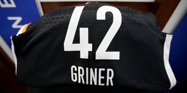 An All Star jersey dedicated to Brittney Griner, #42 of the Phoenix Mercury, is displayed in the locker room during the 2022 AT&T WNBA All-Star Game on July 10, 2022 at Wintrust Arena in Chicago, Illinois.