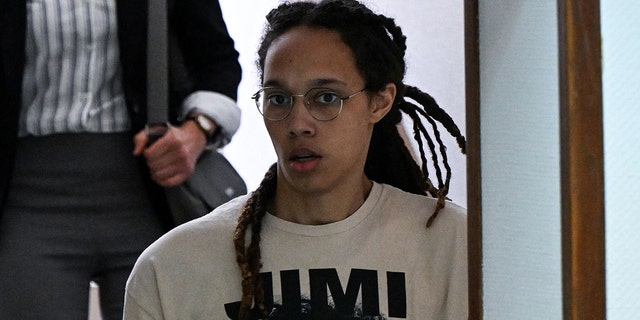 WNBA basketball superstar Brittney Griner arrives to a hearing at the Khimki Court, outside Moscow on July 1, 2022. - Griner, a two-time Olympic gold medallist and WNBA champion, was detained at Moscow airport in February on charges of carrying in her luggage vape cartridges with cannabis oil, which could carry a 10-year prison sentence.