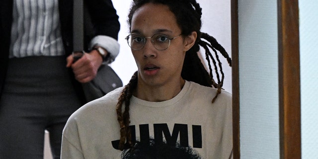 WNBA basketball superstar Brittney Griner arrives to a hearing at the Khimki Court, outside Moscow on July 1, 2022. - Griner, a two-time Olympic gold medallist and WNBA champion, was detained at Moscow airport in February on charges of carrying in her luggage vape cartridges with cannabis oil, which could carry a 10-year prison sentence.