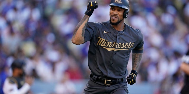American League's Byron Buxton, of the Minnesota Twins, celebrates after hitting a solo home run during the fourth inning of the MLB All-Star baseball game against the National League, Tuesday, July 19, 2022, in Los Angeles.
