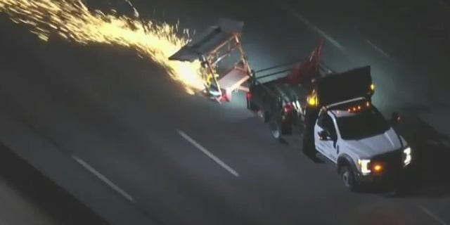 A driver in a truck believed to be stolen leads California police on a chase down a freeway in San Bernardino County, California.