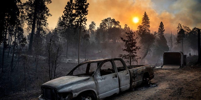 Truk pickup dan lahan hutan yang terbakar