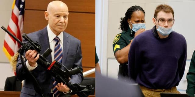 A photo combination showing Mike Satz display the AR-15 Nikolas Cruz used in the Parkland shooting, and Cruz in court July 25.