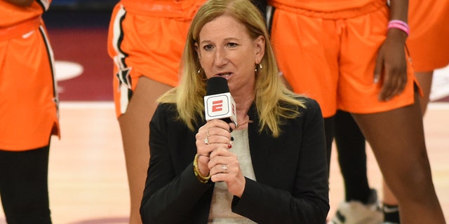 WNBA Commissioner Cathy Engelbert addresses the crowd during the 2022 WNBA All-Star Game July 10, 2022, at Wintrust Arena in Chicago. 