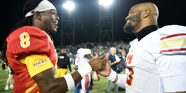 Philadelphia Stars cornerback Channing Stribling (8) shakes hands with Birmingham Stallions quarterback J'Mar Smith (6) after the USFL Championship game at Tom Benson Hall Of Fame Stadium July 3, 2022, in Canton, Ohio.