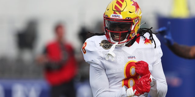 Channing Stribling (8) of the Philadelphia Stars celebrates after breaking up a pass in the second quarter of a game against the New Orleans Breakers at Protective Stadium April 17, 2022, in Birmingham, Ala.
