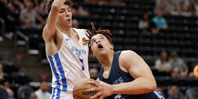 Memphis Grizzlies forward Kenny Lofton Jr. (6) looks to shoot against Oklahoma City Thunder forward Chet Holmgren (7) during the first half of an NBA summer league basketball game Wednesday, 칠월 6, 2022, in Salt Lake City.