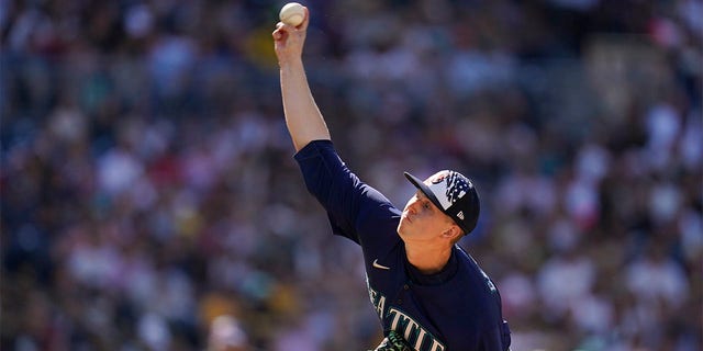Seattle Mariners starting pitcher Chris Flexen works against a San Diego Padres batter during the third inning of a baseball game Monday, July 4, 2022, in San Diego.
