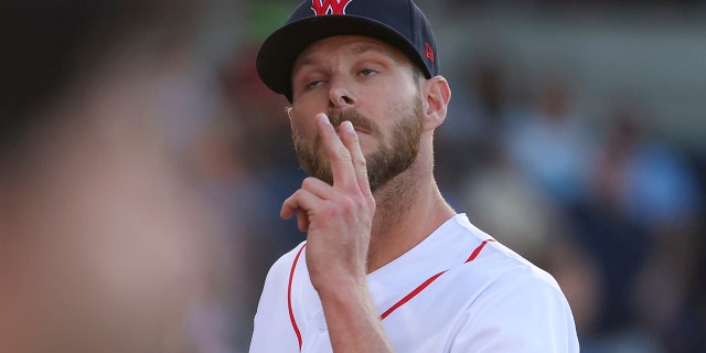 Boston Red Sox pitcher Chris Sale reacting as his infield turned a double play to end the third inning at Polar Park in Worcester, MA.