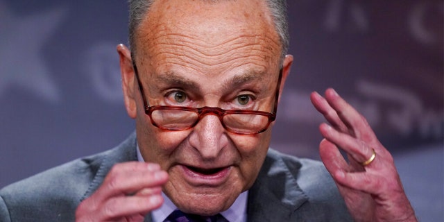 Senate Majority Leader Chuck Schumer, D-N.Y., speaks with reporters following a closed-door caucus lunch, at the Capitol in Washington, Tuesday, July 19, 2022. 