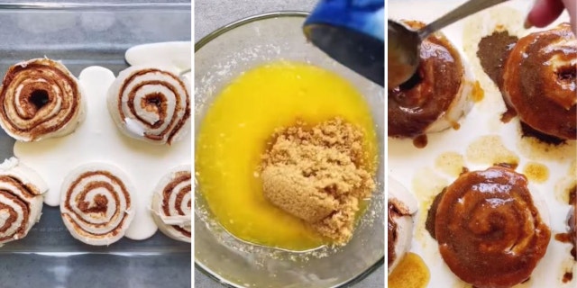 Kelsey Lynch's viral "'Cinnabon' Style Chai Cinnamon Rolls" recipe includes pre-made cinnamon rolls, heavy cream, melted butter, brown sugar and chai tea latte powder.