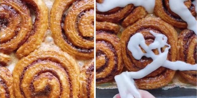 Kelsey Lynch's viral "'Cinnabon' Style Chai Cinnamon Rolls" recipe from TikTok can be baked in 18 의사록. Lynch topped the pastries off with pre-packaged icing.