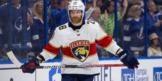 Claude Giroux #28 of the Florida Panthers against the Tampa Bay Lightning during the second period in Game Four of the Second Round of the 2022 Stanley Cup Playoffs at Amalie Arena on May 23, 2022 in Tampa, Florida.