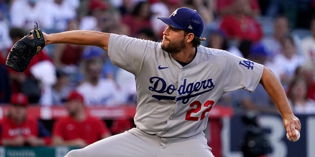 Los Angeles Dodgers starting pitcher Clayton Kershaw throws to the plate during the second inning of a game against the Los Angeles Angels Friday, July 15, 2022, in Anaheim, Calif.