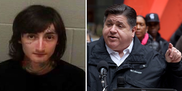 Right: Illinois Gov. J.B. Pritzker speaks during a rally at Federal Building Plaza on April 27, 2022, in Chicago, Illinois. Pritzker, a Democrat, is up for reelection in November. Left: Booking photo of Highland Park shooting suspect Robert Crimo III.