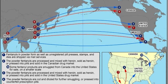 A map showing the flow of illicitly manufactured fentanyl into the United States, according to the DEA. (2019)