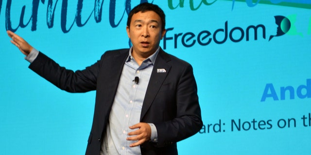 Former presidential candidate Andrew Yang speaks at the libertatrian FreedomFest conference in Las Vegas on July 16, 2022. 