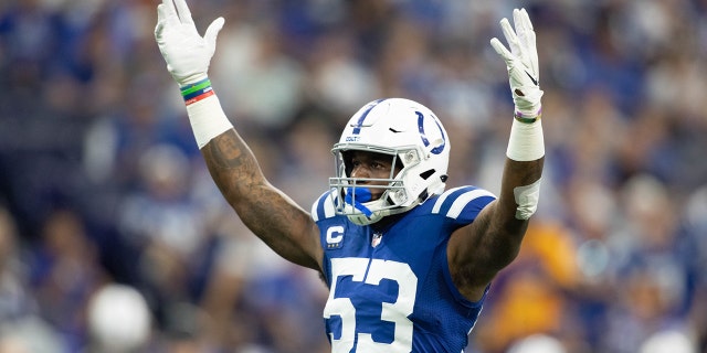 Indianapolis Colts outside linebacker Darius Leonard, #53, incites the crowd in the first quarter against the Los Angeles Rams at Lucas Oil Stadium Sept. 19, 2021.