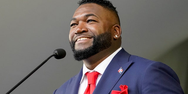 Hall of Fame inductee David Ortiz, formerly of the Boston Red Sox, speaks during the National Baseball Hall of Fame induction ceremony, Sunday, July 24, 2022, at the Clark Sports Center in Cooperstown, N.Y.