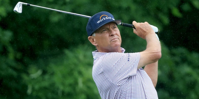 Davis Love III plays a shot during the U.S. Senior Open Championship at Saucon Valley Country Club on June 23, 2022, in Bethlehem, Pennsylvania.