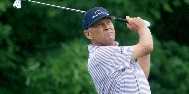 Davis Love III plays a shot during the U.S. Senior Open Championship at Saucon Valley Country Club on June 23, 2022, in Bethlehem, Pennsylvania.