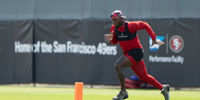 San Francisco 49ers wide receiver Deebo Samuel runs during training camp at the SAP Performance Facility near Levi Stadium in Santa Clara, California, on July 28, 2022.
