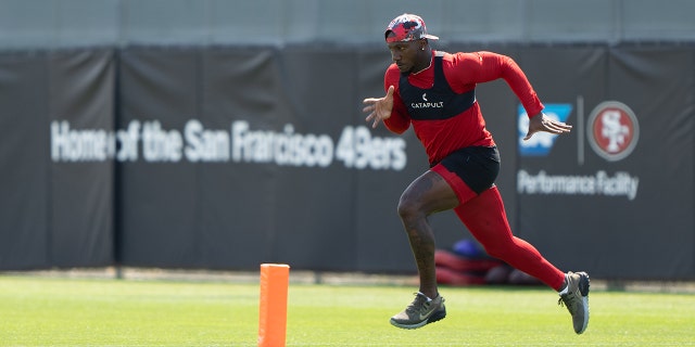 San Francisco 49ers wide receiver Deebo Samuel runs during training camp at the SAP Performance Facility near Levi Stadium in Santa Clara, California, on July 28, 2022.