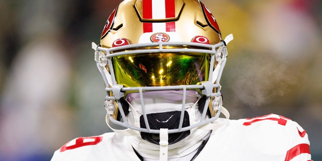 San Francisco 49ers wide receiver Deebo Samuel is shown during warm-ups prior to the NFC Divisional Round playoff game against the Green Bay Packers at Lambeau Field, Jan. 22, 2022, in Green Bay, Wisconsin.