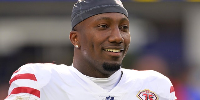 San Francisco 49ers wide receiver Deebo Samuel warms up before the game against the Los Angeles Rams at SoFi Stadium in Inglewood, California, on Jan. 9, 2022.