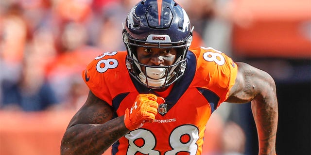 In this Sept. 16, 2018, file photo, Denver Broncos wide receiver Demaryius Thomas (88) runs against the Oakland Raiders during the second half of an NFL football game, in Denver. Former NFL star Demaryius Thomas, who died last December at age 33, had CTE, his family said Tuesday, July 5, 2022.
