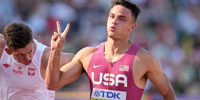 Devon Allen of the USA competes in the men's 110m hurdles semi-final at the World Championships in Athletics on Sunday, July 17, 2022 in Eugene, Oregon.
