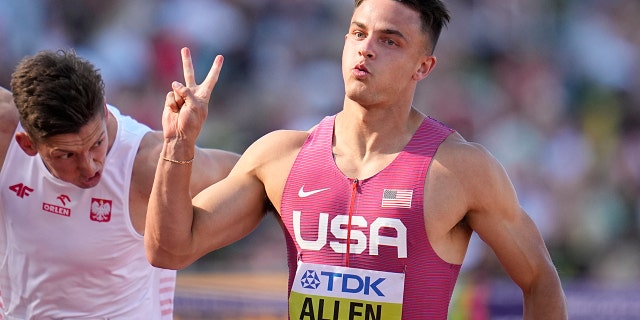 Devon Allen, of the United States, competes in a semi-final heat in the men's 110-meter hurdles at the World Athletics Championships on Sunday, July 17, 2022, in Eugene, Ore.