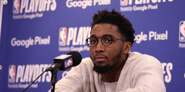 Donovan Mitchell, #45 of the Utah Jazz, talks to the media after Round 1 Game 6 of the 2022 NBA Playoffs against the Dallas Mavericks on April 28, 2022 at vivint.SmartHome Arena in Salt Lake City, Utah.