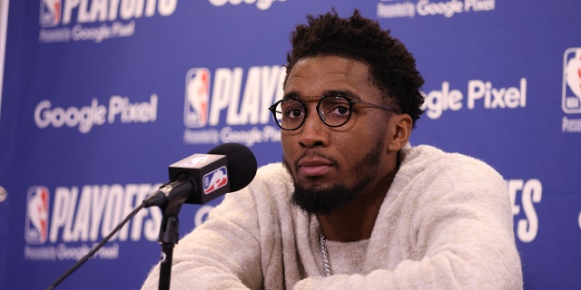 Donovan Mitchell, #45 of the Utah Jazz, talks to the media after Round 1 Game 6 of the 2022 NBA Playoffs against the Dallas Mavericks on April 28, 2022 at vivint.SmartHome Arena in Salt Lake City, Utah.
