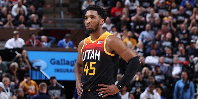 Donovan Mitchell, #45 of the Utah Jazz, looks on during Round 1 Game 6 of the 2022 NBA Playoffs against the Dallas Mavericks on April 28, 2022 at vivint.SmartHome Arena in Salt Lake City, Utah.